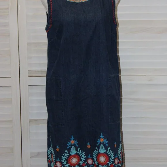 J Jill Denim Jumper Dress Frayed Hem Embroidery Size Small - Picture 4 of 7